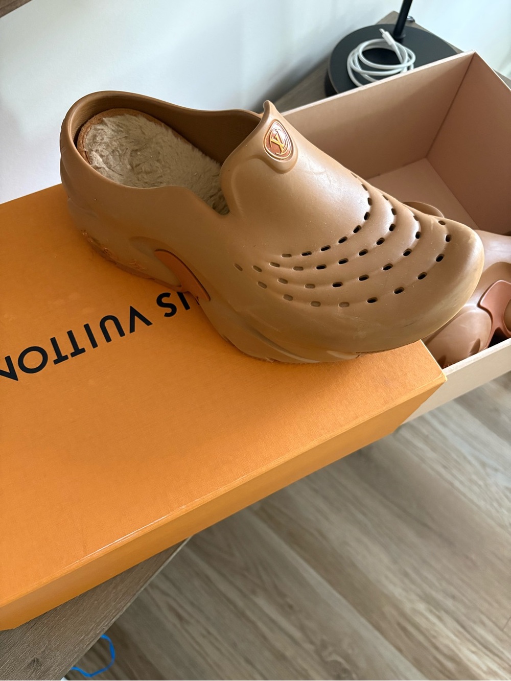 Louis Vuitton Women's Slip-On Clog in Camel Brown with Shearling Lining